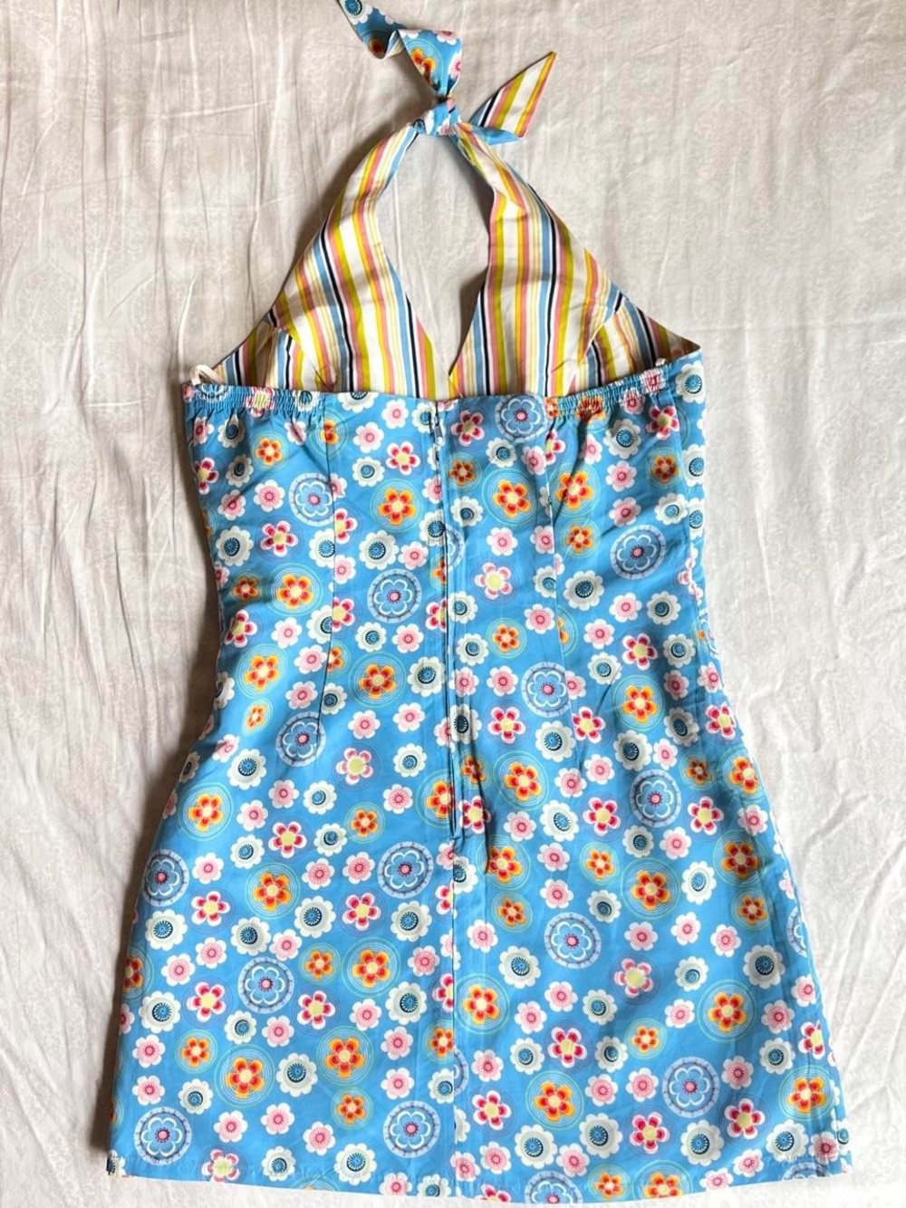 Reversible Y2K Mossimo Blue Floral/Striped Halter Dress - Picture 2 of 5